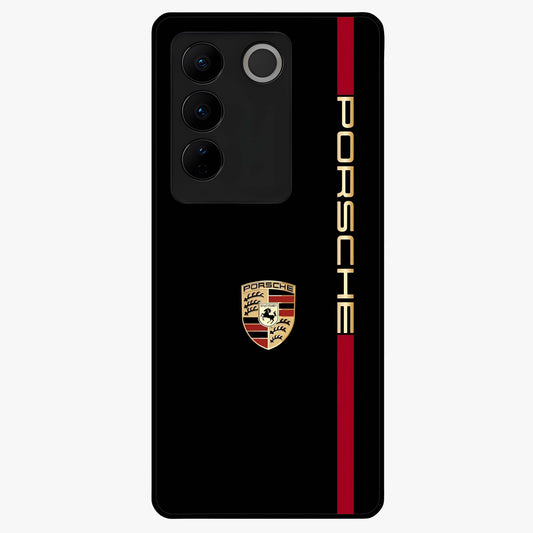 Black Minimal Porsche Glass Case showing flat back view with sleek minimal sports car artwork and glossy glass finish.