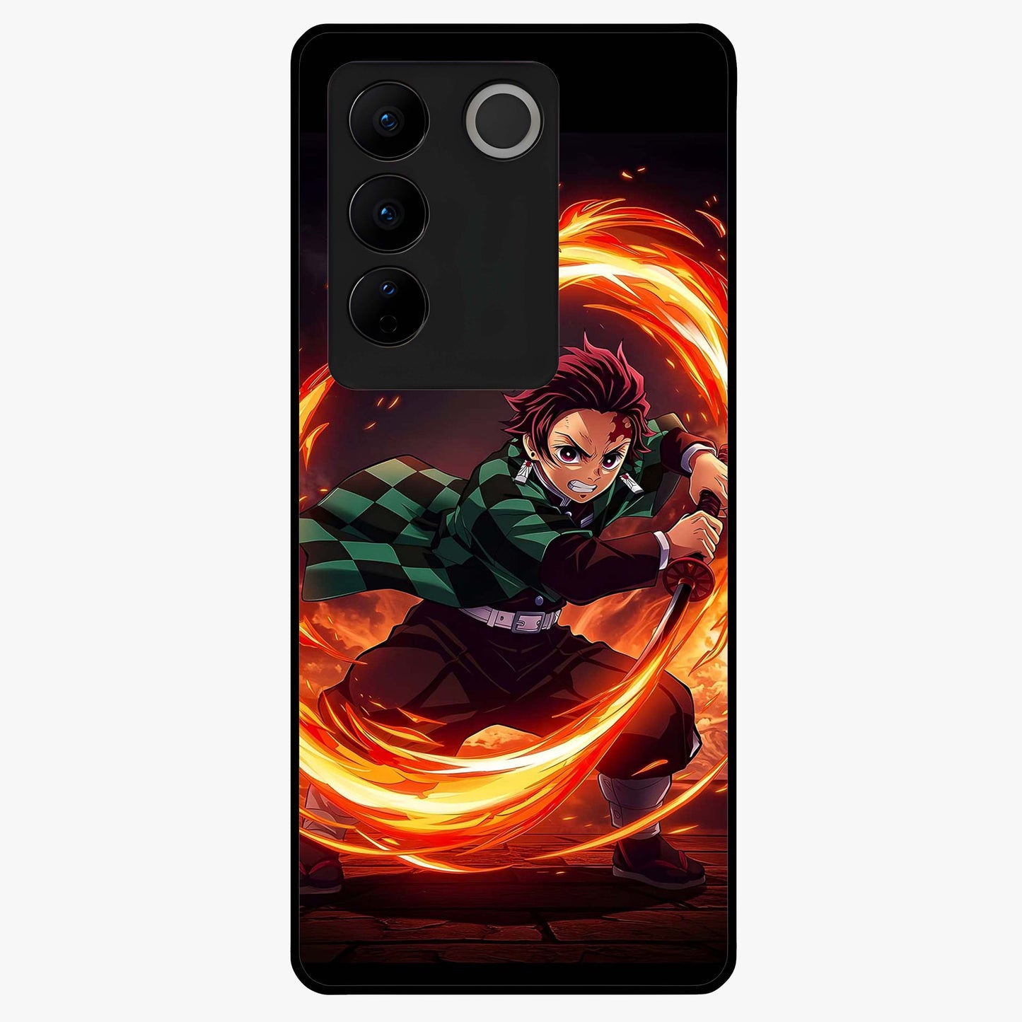 Blazing Sword Resolve Glass Case showing flat back view with fiery sword artwork and glossy glass finish.