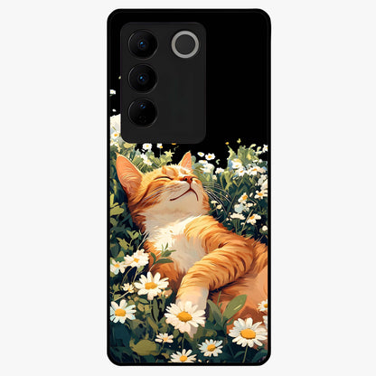 Blissful Bloom Cat Glass Case showing flat back view with cute cat and floral bloom artwork and glossy glass finish.