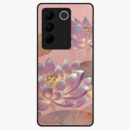 Blossom Mist Lotus Glass Case showing flat back view with serene lotus blossom artwork and glossy glass finish.