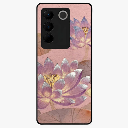 Blossom Mist Lotus Glass Case showing flat back view with serene lotus blossom artwork and glossy glass finish.