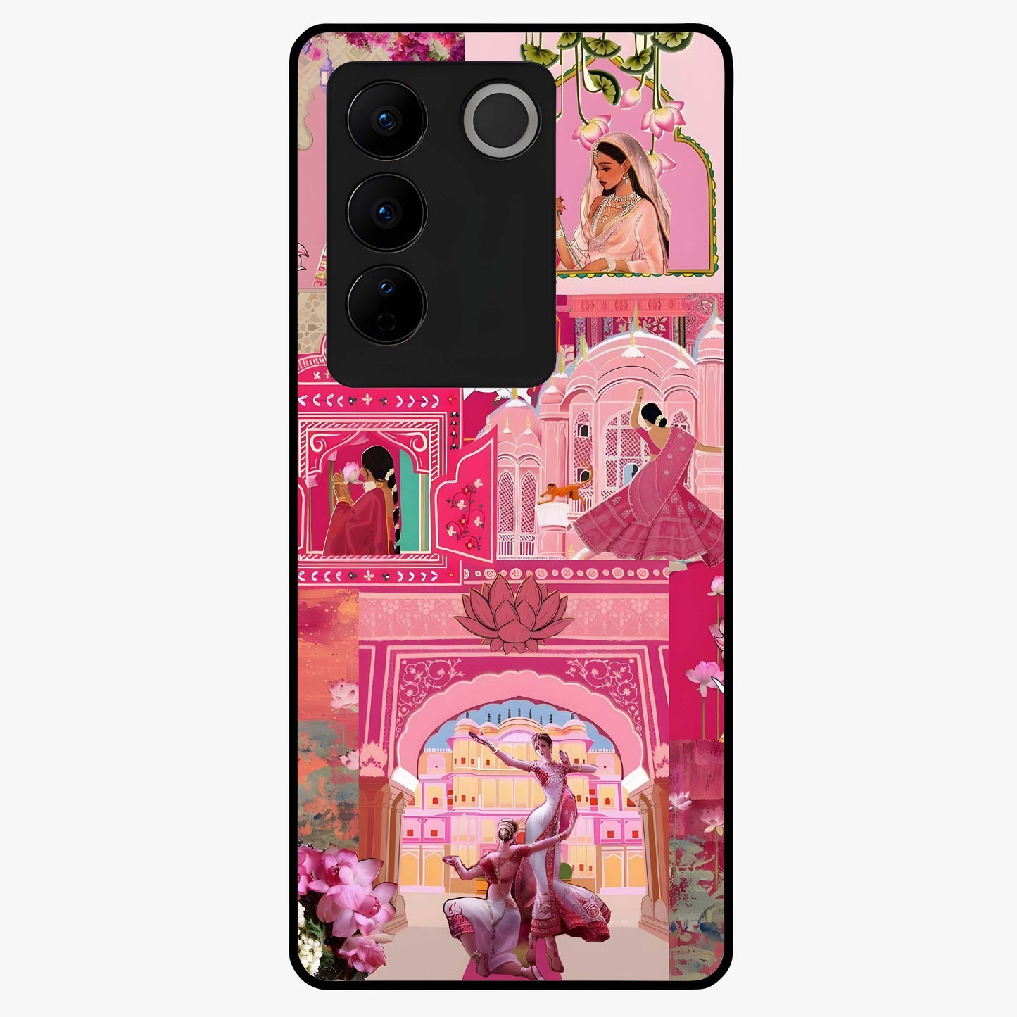 Blossoms of Rajasthan Glass Case showing flat back view with traditional floral artwork inspired by Rajasthan and glossy glass finish.