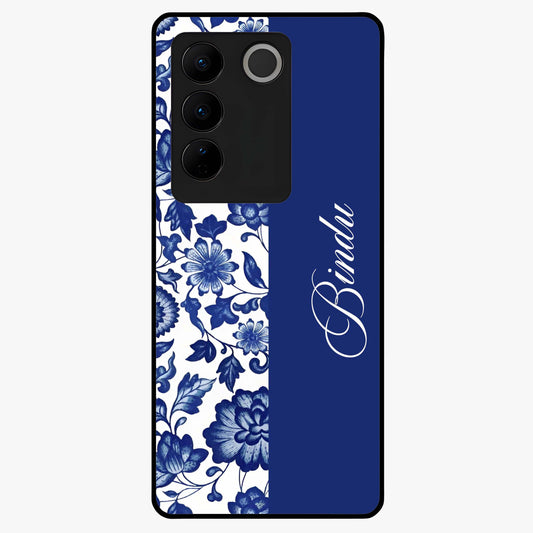 Blue Vintage Floral Pattern Glass Case upright view showcasing timeless floral illustration with vintage inspired style.