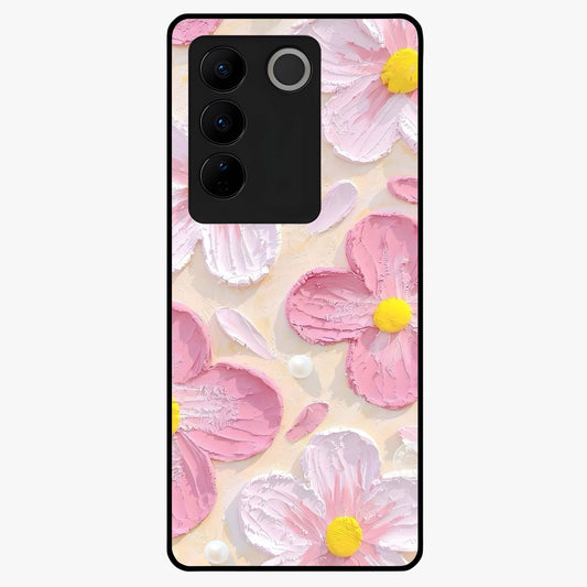 Blush Bloom Texture Glass Case showing flat back view with soft blush floral texture artwork and glossy glass finish.
