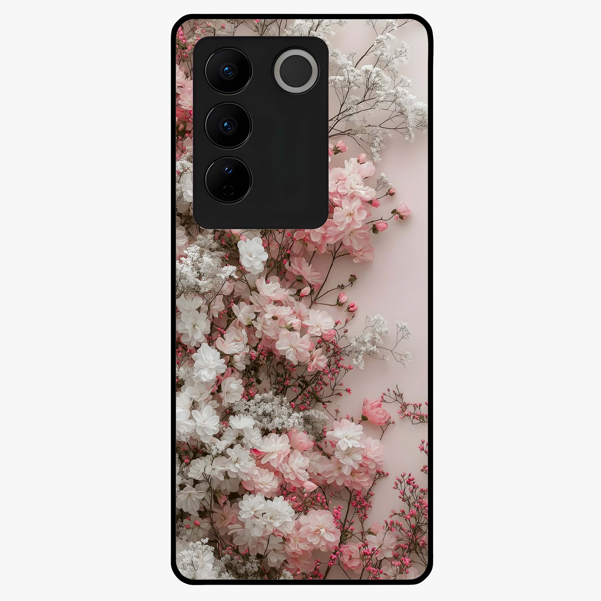 Blush Blossom Cloud Glass Case showing flat back view with dreamy blush cloud blossom artwork and glossy glass finish.