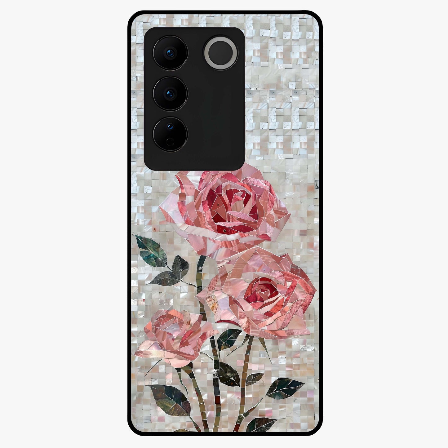 Blush Mosaic Bloom Glass Case showing flat back view with mosaic floral bloom artwork and glossy glass finish.