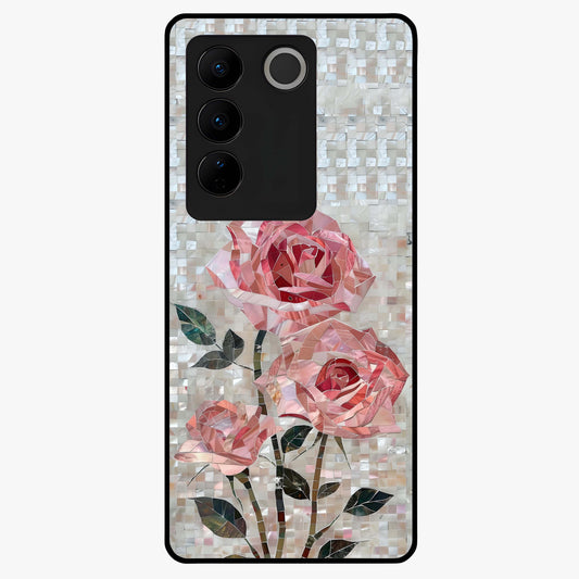 Blush Mosaic Bloom Glass Case showing flat back view with mosaic floral bloom artwork and glossy glass finish.