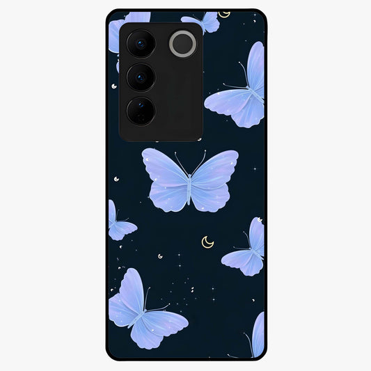 Butterfly With Stars Pattern Glass Case showing flat back view with butterfly and star pattern artwork and glossy glass finish.