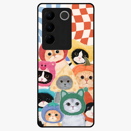 Cats in Fruits Glass Case showing flat back view with playful cat illustrations inside fruit artwork and glossy glass finish.