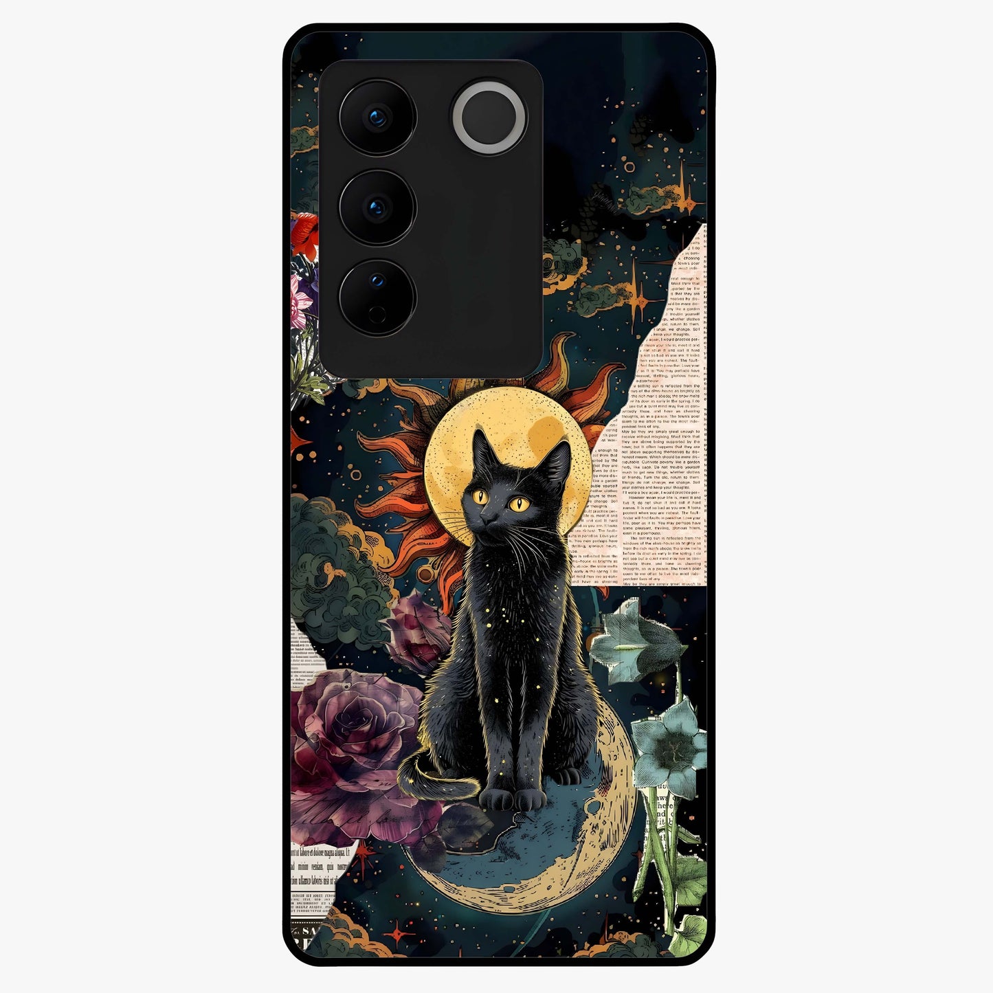 Celestial Black Cat Glass Case showing flat back view with mystical black cat artwork and glossy glass finish.