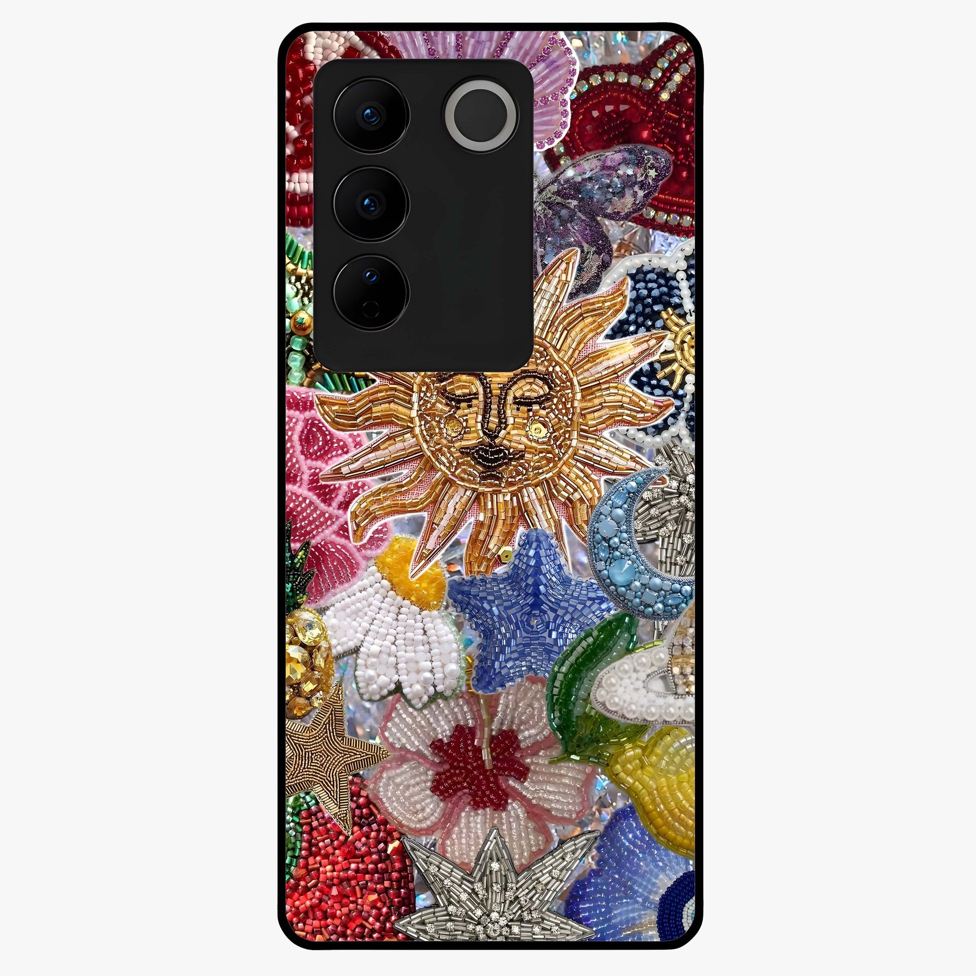 Celestial Floral and Playful Glass Case showing flat back view with floral and celestial themed artwork and glossy glass finish.