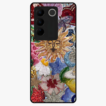 Celestial Floral and Playful Glass Case showing flat back view with floral and celestial themed artwork and glossy glass finish.