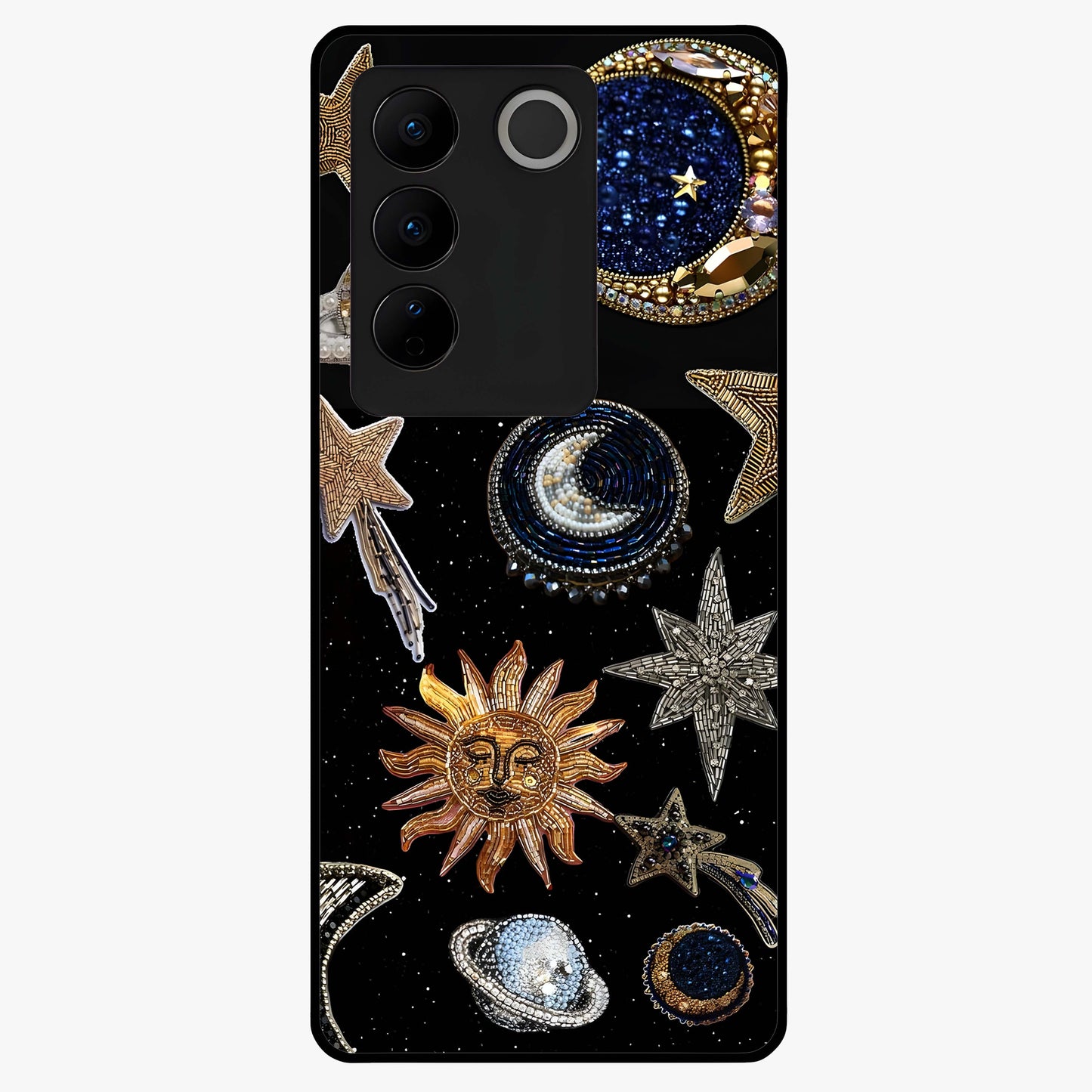 Celestial Gem Constellations Glass Case showing flat back view with sparkling constellation artwork and glossy glass finish.