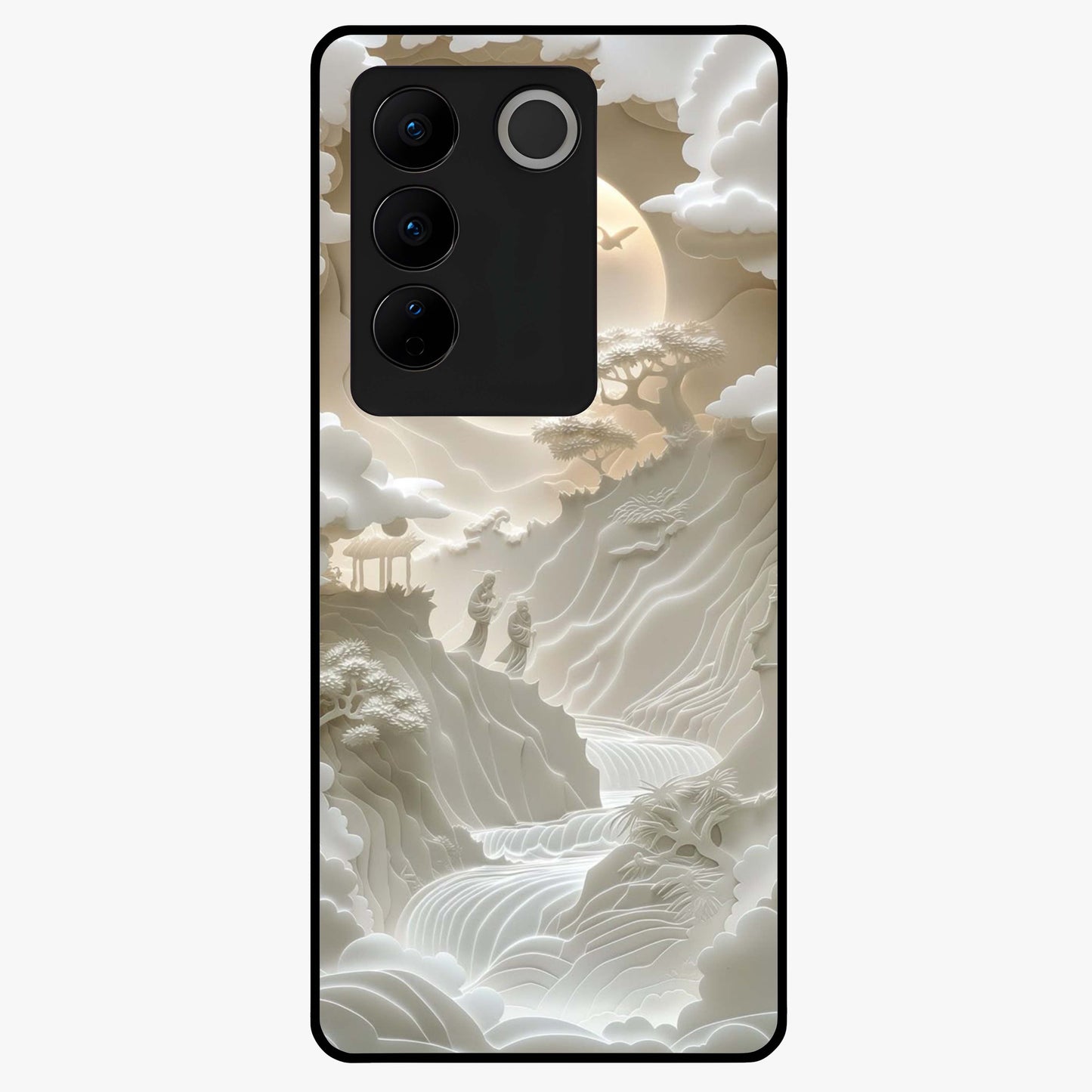 Celestial Origami Glass Case showing flat back view with artistic origami inspired celestial artwork and glossy glass finish.