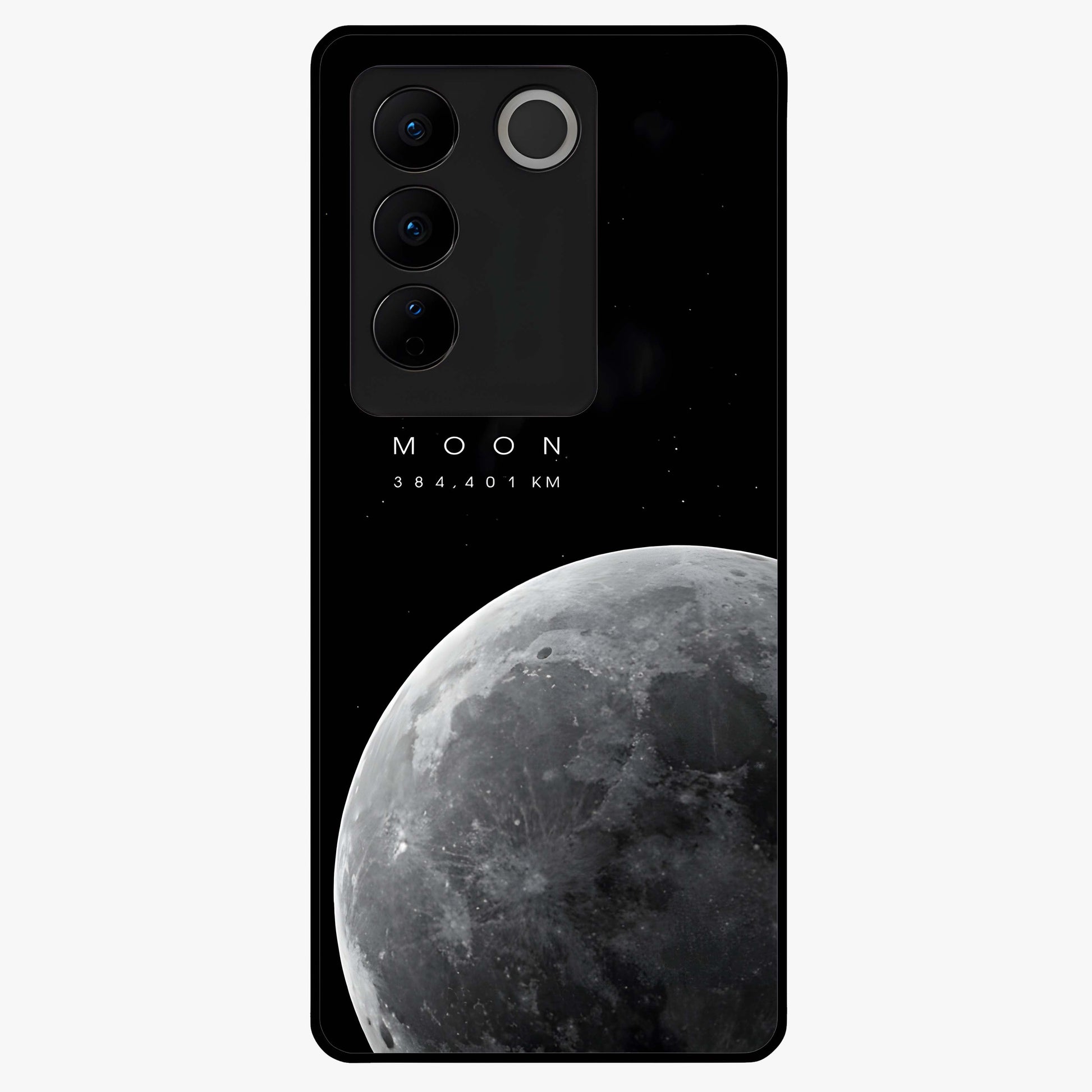 Cosmic Moon Glow Glass Case showing flat back view with glowing moon artwork and glossy glass finish.