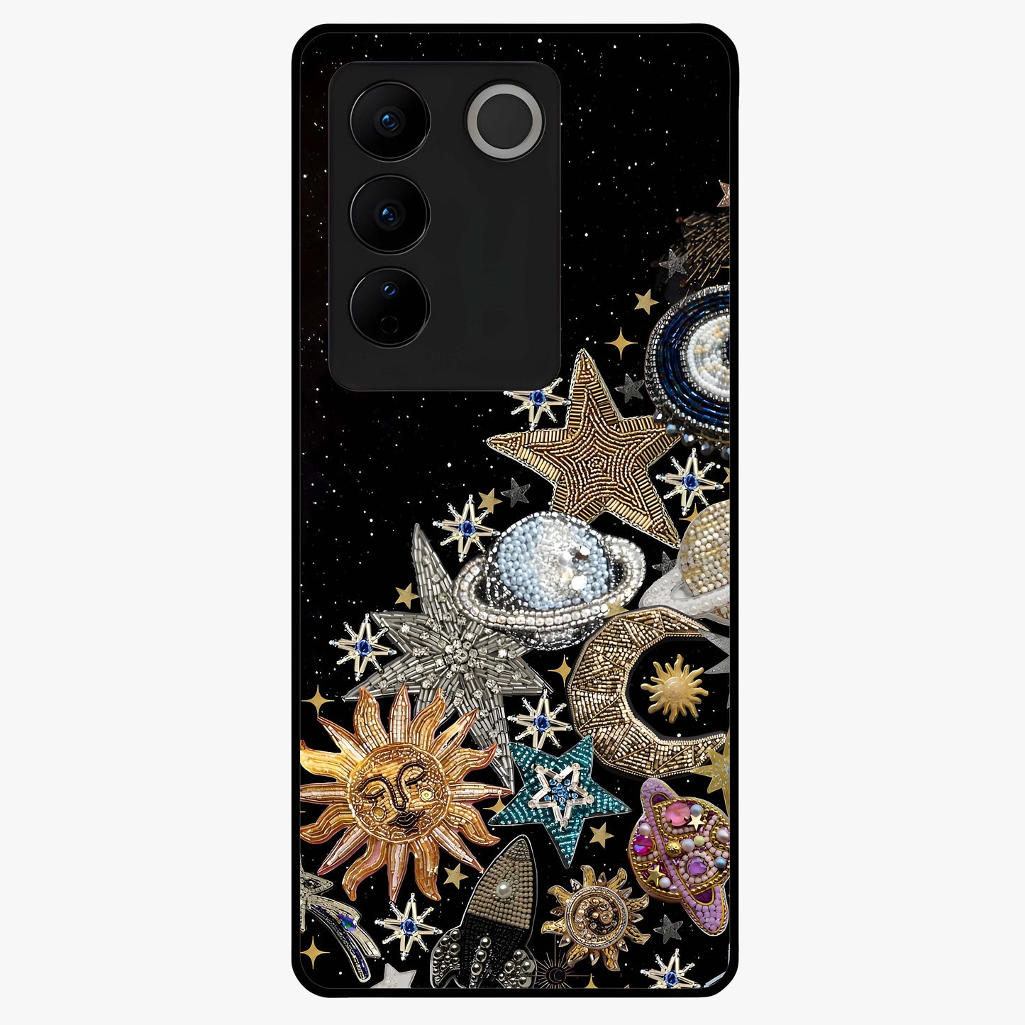 Cosmic Sparkle Dreams Glass Case showing flat back view with sparkling cosmic artwork and glossy glass finish.