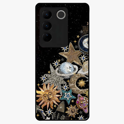 Cosmic Sparkle Dreams Glass Case showing flat back view with sparkling cosmic artwork and glossy glass finish.
