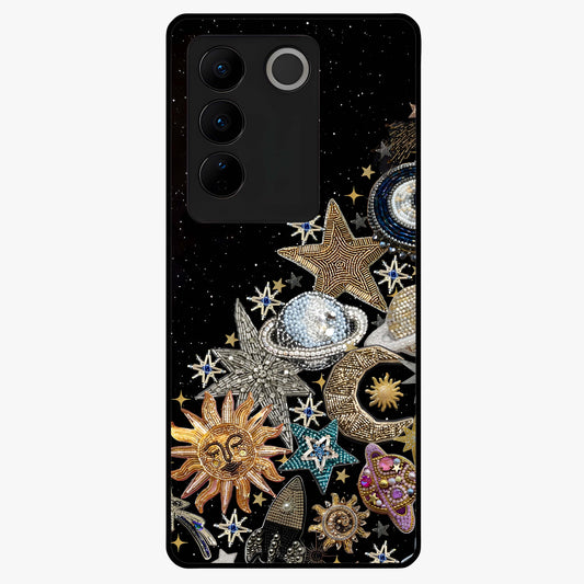 Cosmic Sparkle Dreams Glass Case showing flat back view with sparkling cosmic artwork and glossy glass finish.