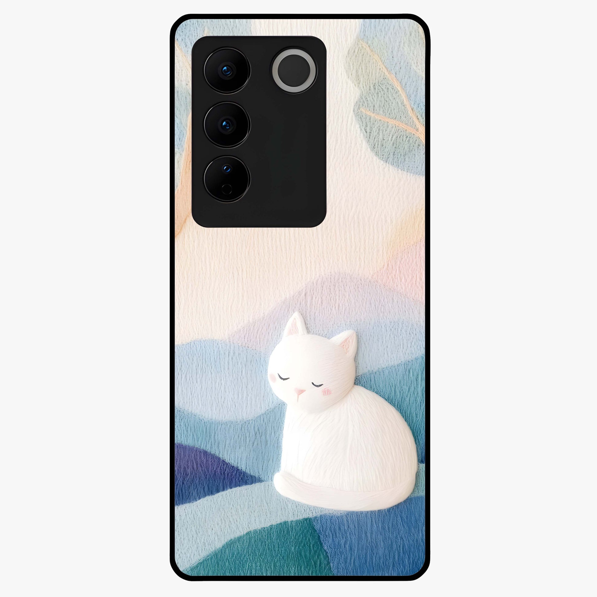 Cotton Dream Cat Glass Case showing flat back view with soft dreamy cat artwork and glossy glass finish.