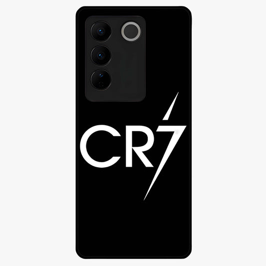 Cr7 Elite Strike Glass Case showing flat back view with dynamic football inspired artwork and glossy glass finish.