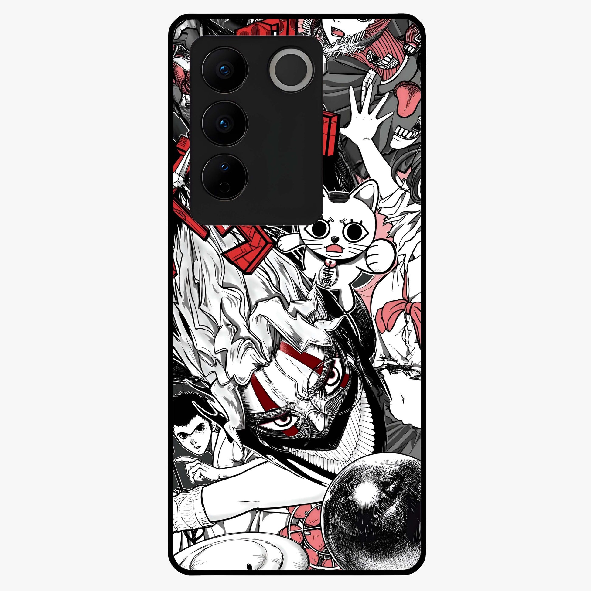 Crimson Chaos Panel Glass Case showing flat back view with bold crimson abstract artwork and glossy glass finish.