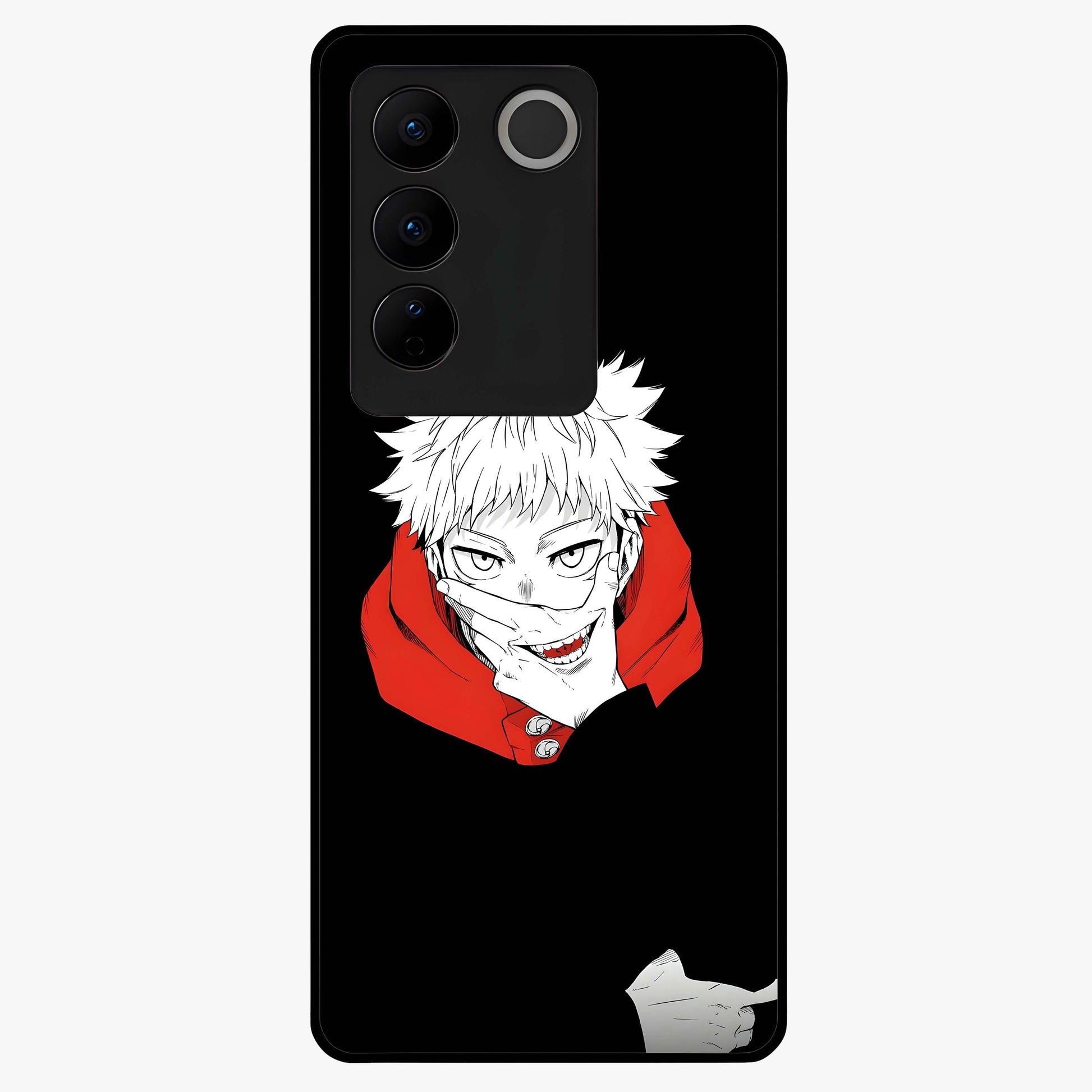Crimson Chaos Smile Glass Case showing flat back view with bold chaotic smile artwork and glossy glass finish.