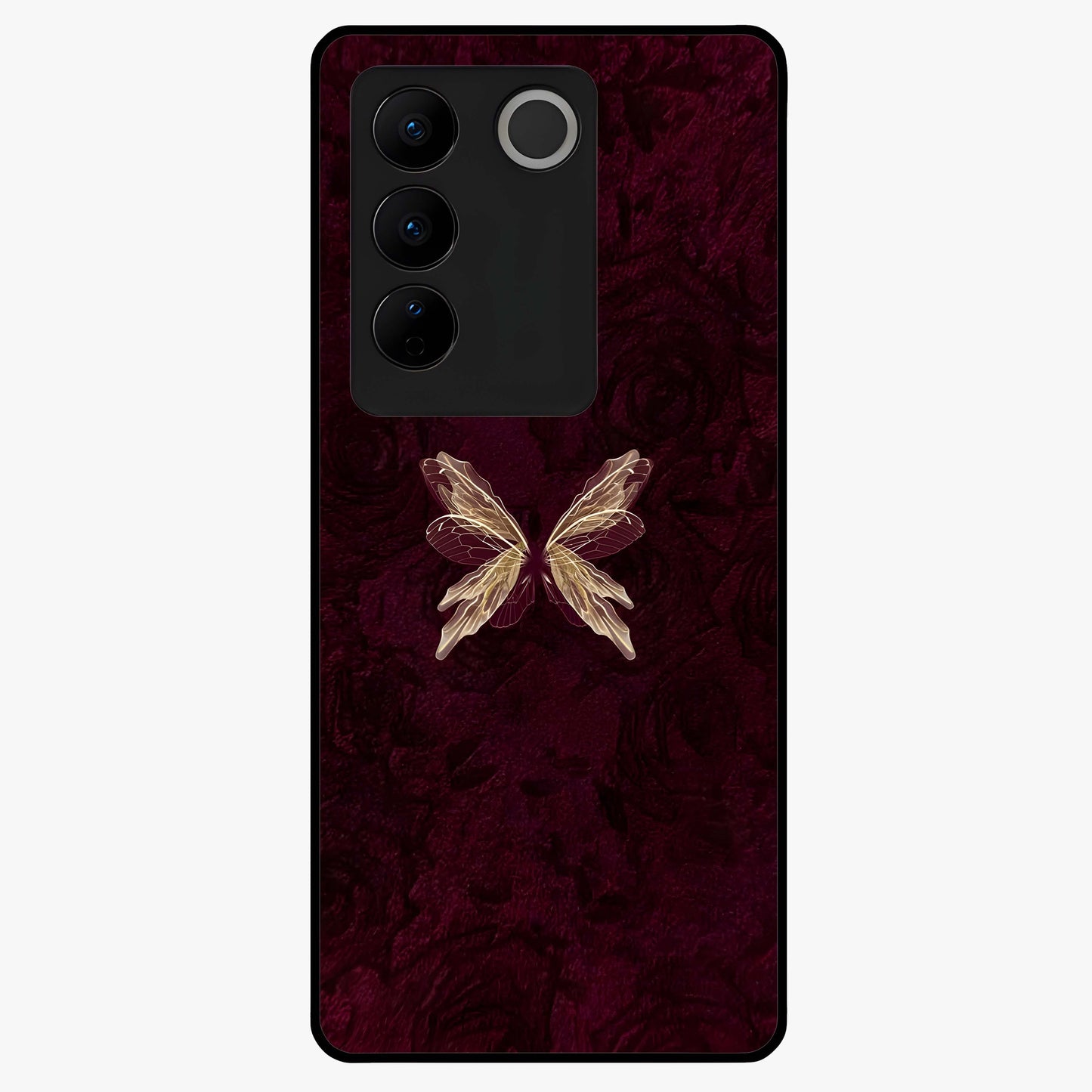 Crimson Fade Butterfly Glass Case showing flat back view with fading butterfly artwork and glossy glass finish.