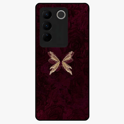 Crimson Fade Butterfly Glass Case showing flat back view with fading butterfly artwork and glossy glass finish.