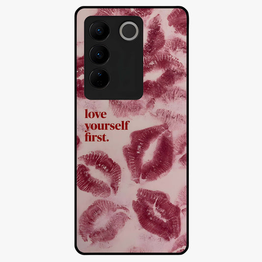 Crimson Kiss Love Glass Case showing flat back view with romantic crimson themed artwork and glossy glass finish.