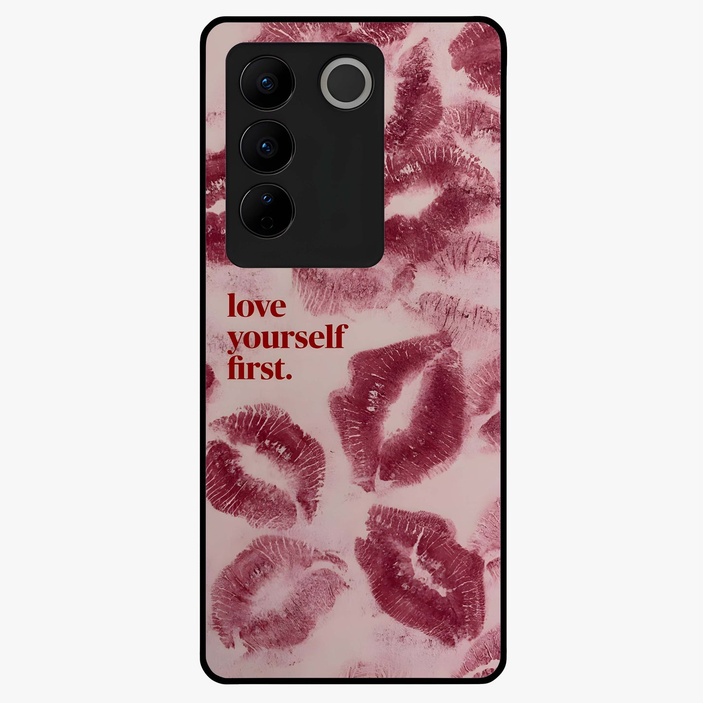 Crimson Kiss Love Glass Case showing flat back view with romantic crimson themed artwork and glossy glass finish.