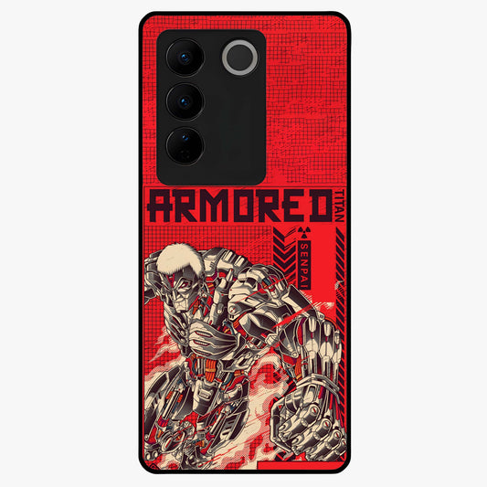 Crimson Mecha Titan Glass Case showing flat back view with powerful mech titan artwork and glossy glass finish.