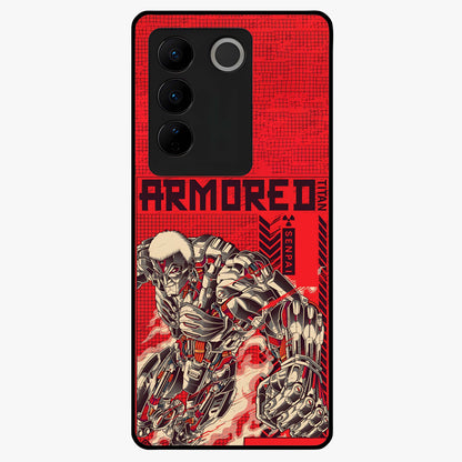 Crimson Mecha Titan Glass Case showing flat back view with powerful mech titan artwork and glossy glass finish.