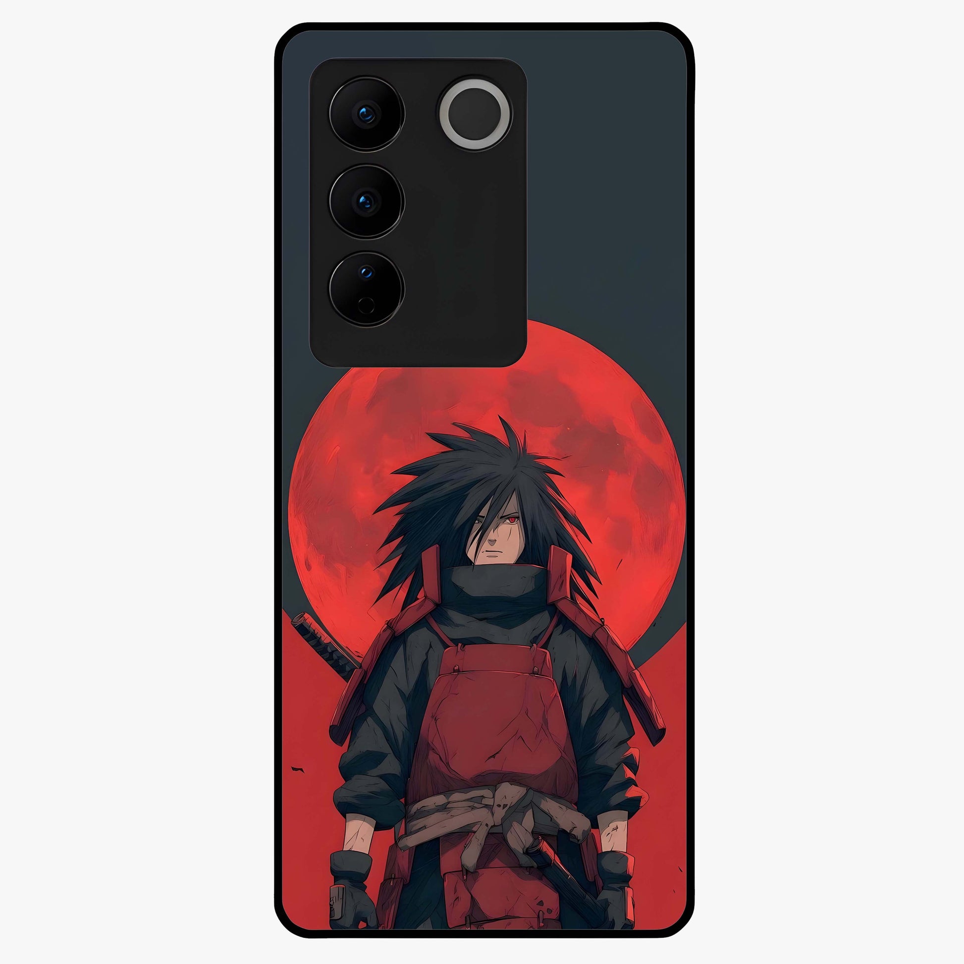 Crimson Moon Warlord Glass Case showing flat back view with mystical moon warrior artwork and glossy glass finish.