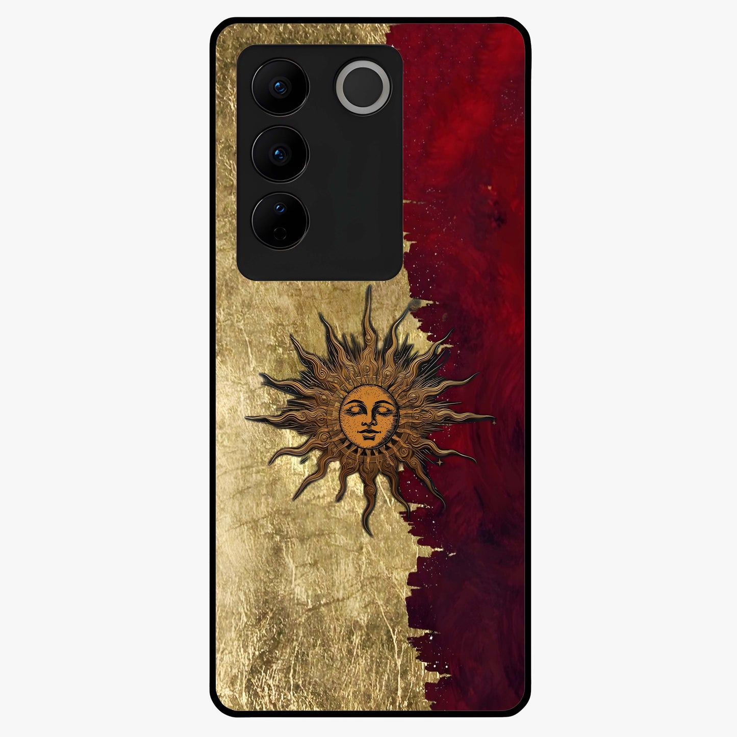 Crimson Sun Majesty Glass Case showing flat back view with radiant sun inspired artwork and glossy glass finish.