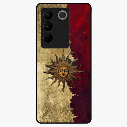 Crimson Sun Majesty Glass Case showing flat back view with radiant sun inspired artwork and glossy glass finish.