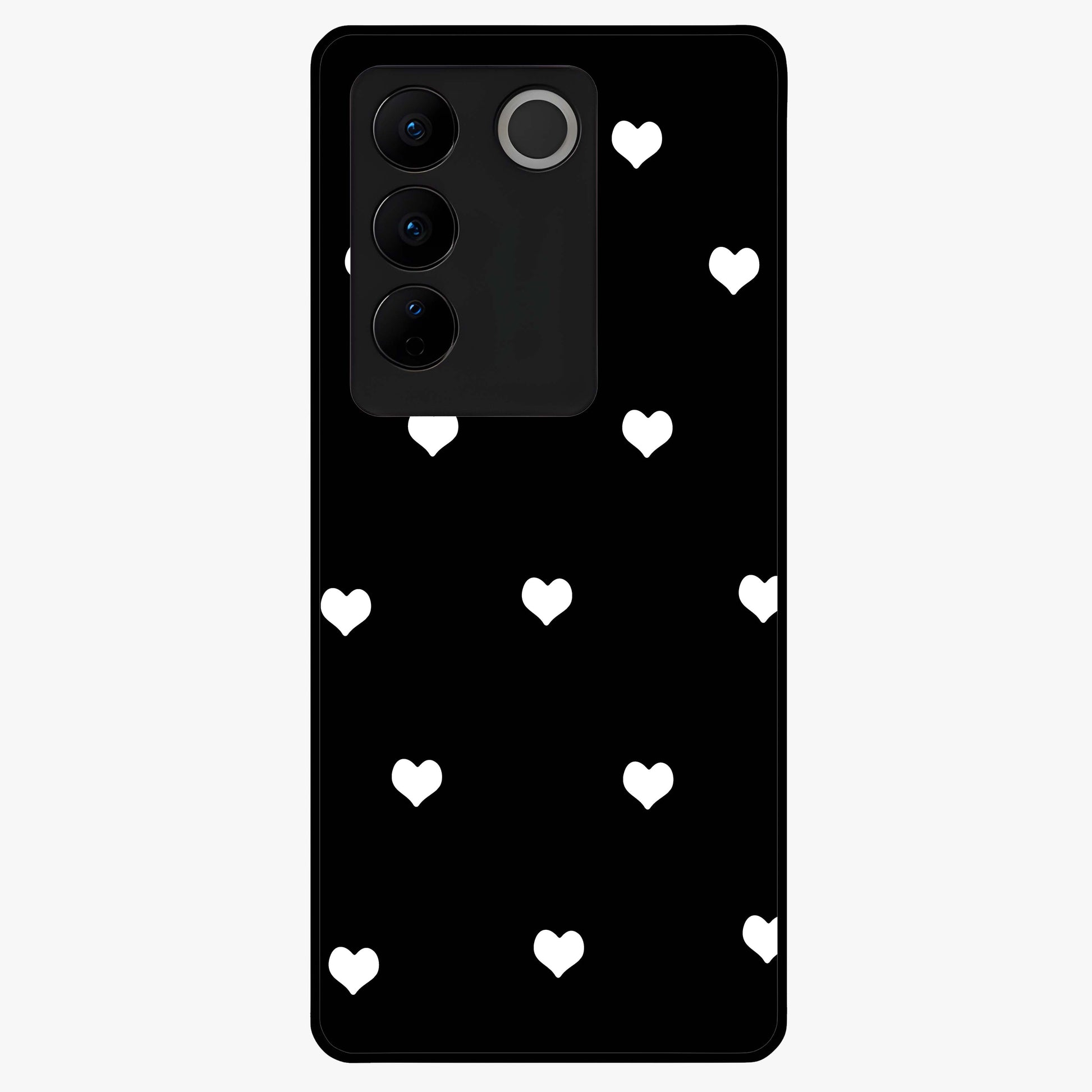 Cute And Simple White Hearts Glass Case showing flat back view with minimal white heart pattern and glossy glass finish.
