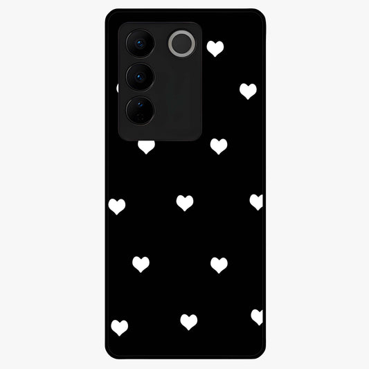 Cute And Simple White Hearts Glass Case showing flat back view with minimal white heart pattern and glossy glass finish.