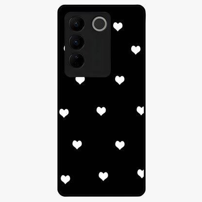 Cute And Simple White Hearts Glass Case showing flat back view with minimal white heart pattern and glossy glass finish.