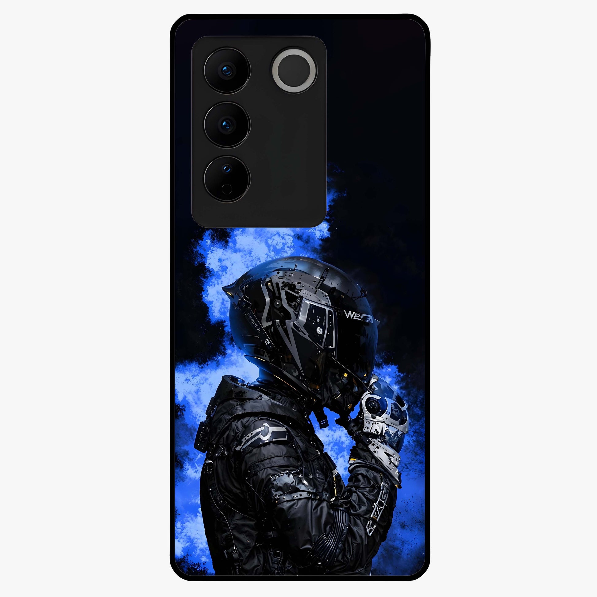 Cyber Sentinel Protocol Glass Case showing flat back view with futuristic cyber themed artwork and glossy glass finish.
