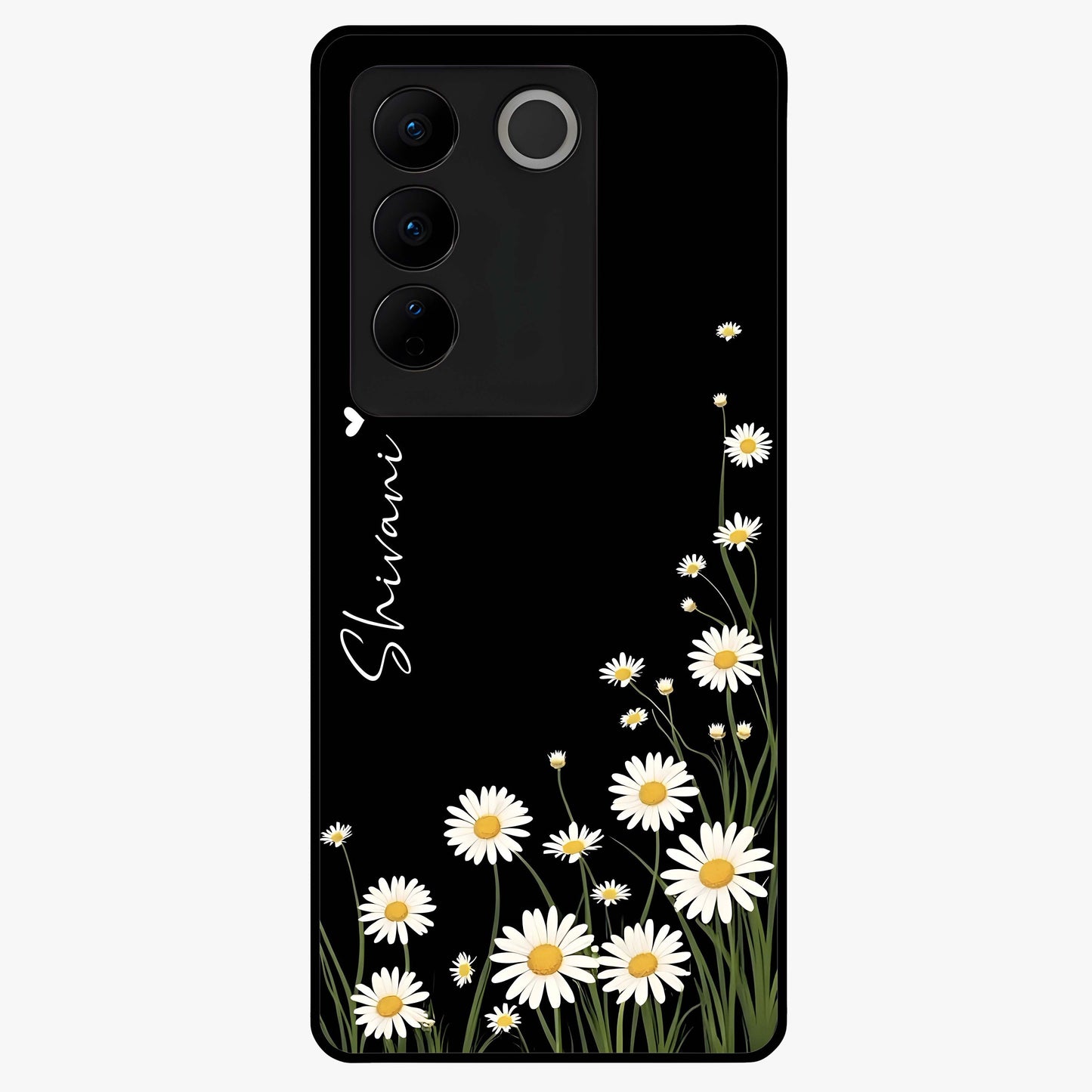 Daisy Cascade Custom Name Glass Case showing flat back view with cascading daisy flowers and personalized name design.
