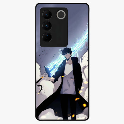 Dark Lightning Anime Warrior Glass Case showing flat back view with intense anime warrior artwork and glossy glass finish.