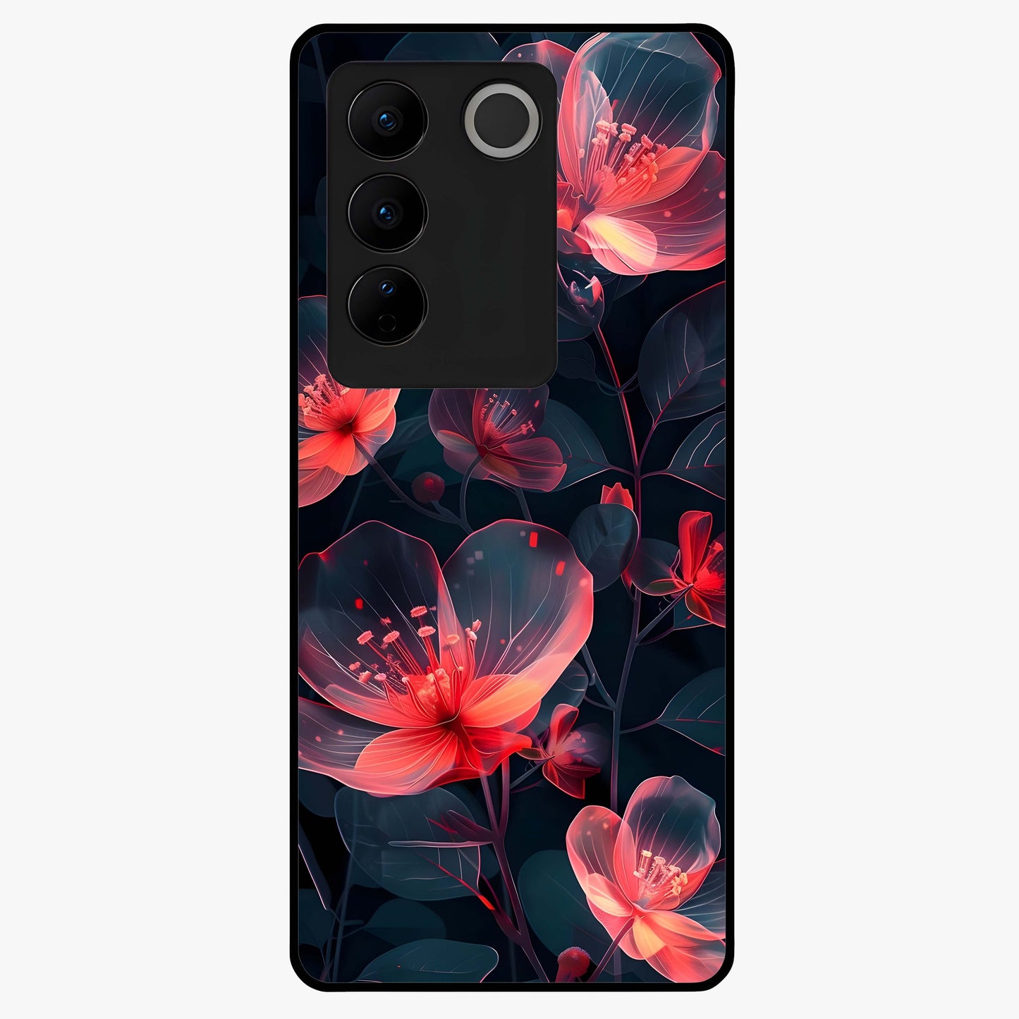 Dark Shade of Flower Glass Case showing flat back view with elegant dark floral artwork and glossy glass finish.