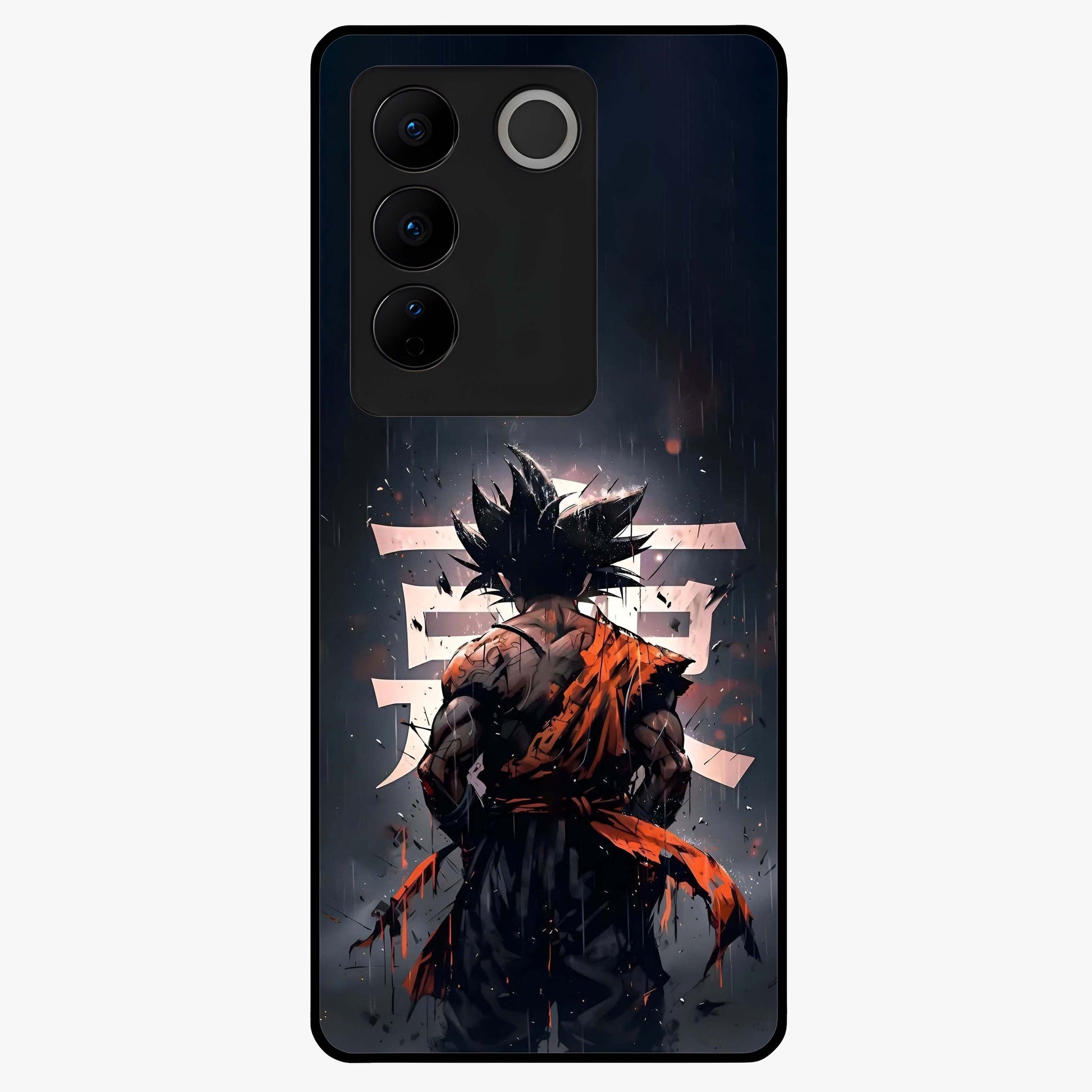 Dark Warrior In Rain Glass Case showing flat back view with warrior artwork in rainy atmosphere and glossy glass finish.