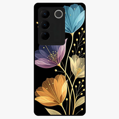 Delicate Multicolor Flowers Glass Case showing flat back view with vibrant floral artwork and glossy glass finish.