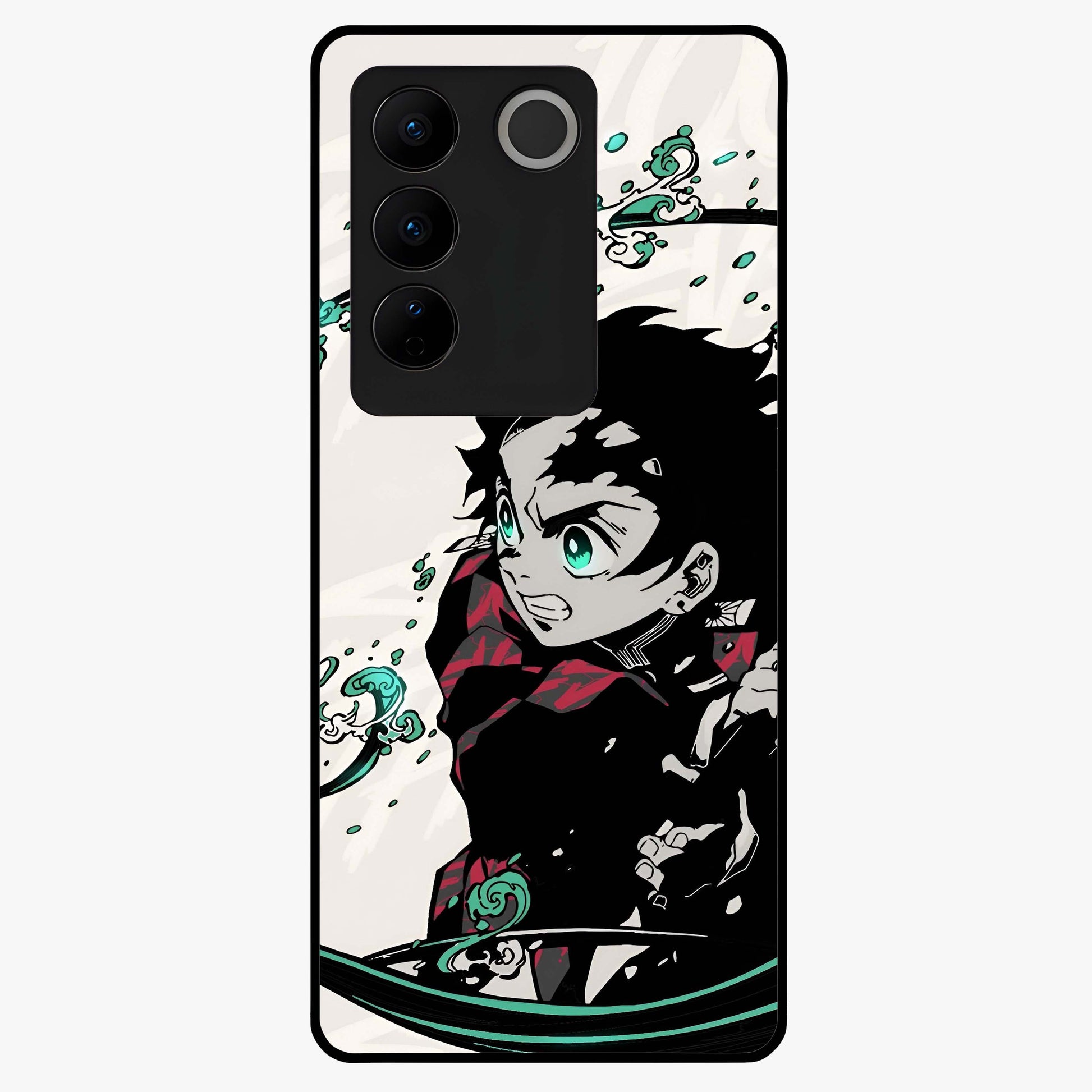 Demon Slayer Glass Case showing flat back view with bold anime inspired artwork and glossy glass finish.