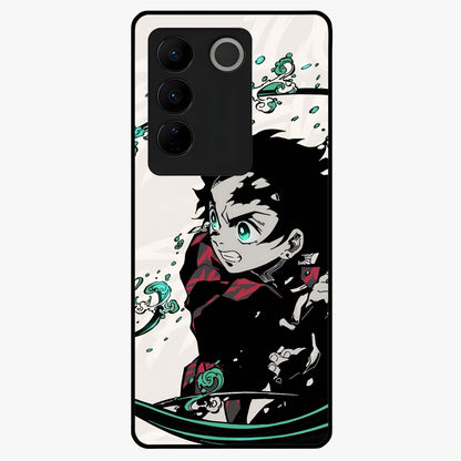 Demon Slayer Glass Case showing flat back view with bold anime inspired artwork and glossy glass finish.