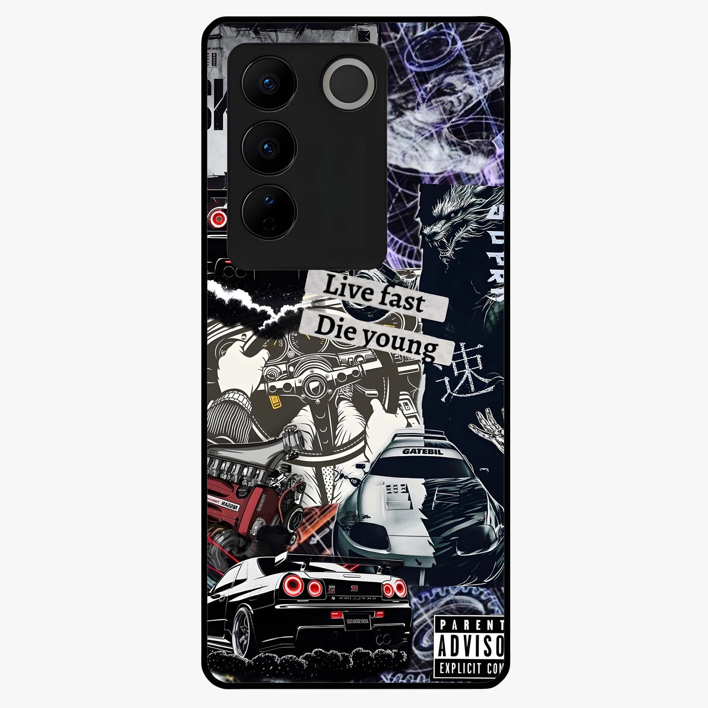 Die Young Glass Case showing flat back view with bold artistic typography design and glossy glass finish.