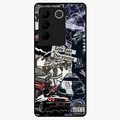 Die Young Glass Case showing flat back view with bold artistic typography design and glossy glass finish.