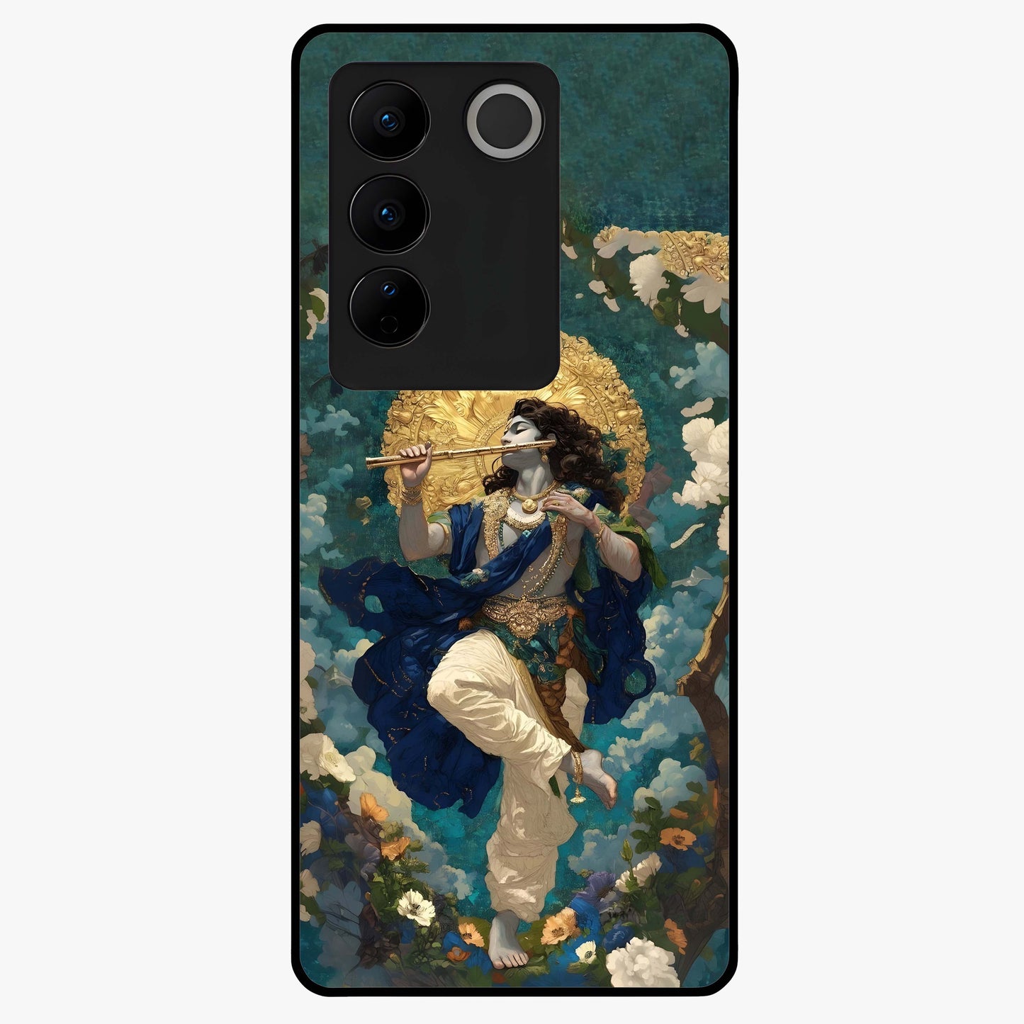 Divine Krishna Art Glass Case showing flat back view with Lord Krishna artwork and glossy glass finish.