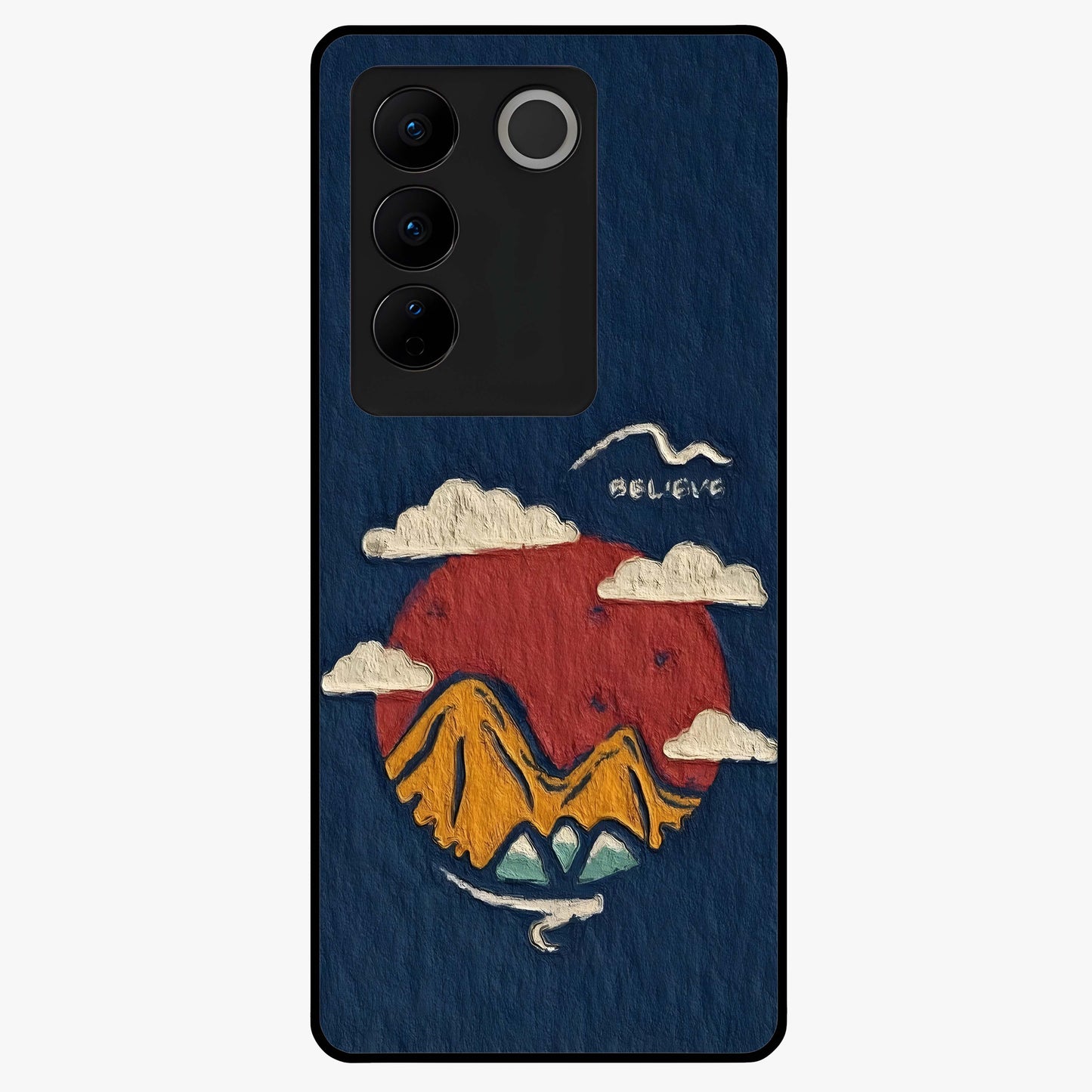 Dream Beyond Mountains Glass Case showing flat back view with scenic mountain landscape artwork and glossy glass finish.
